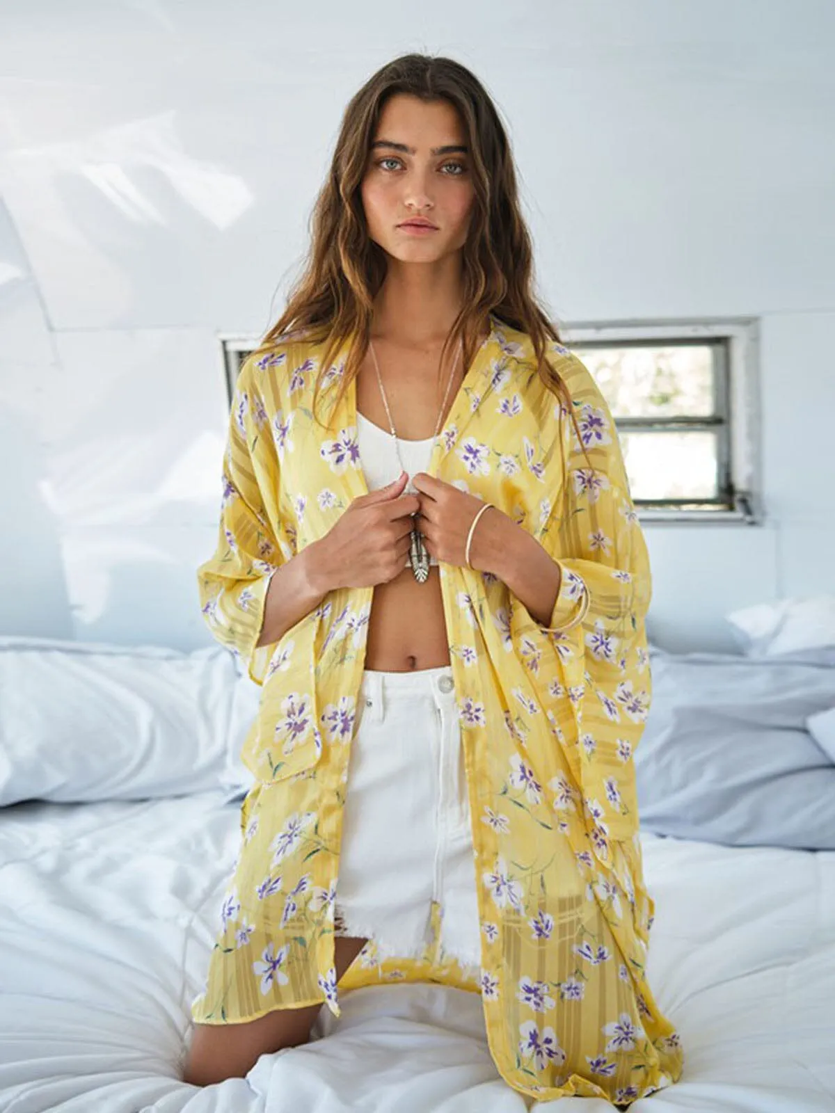 WOMEN'S 3/4 SLEEVE FLORAL SHIMMER DUSTER CARDIGAN
