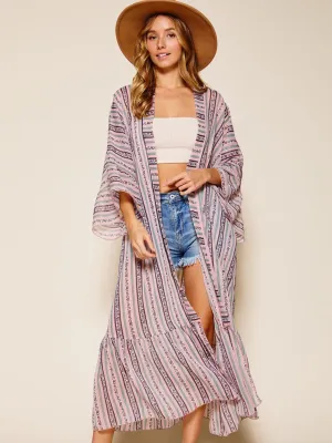 WOMEN'S 3/4 SLEEVE FLORAL SHIMMER DUSTER CARDIGAN