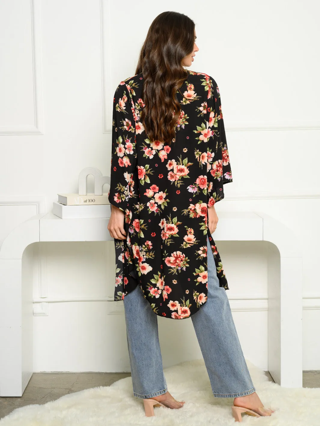 WOMEN'S 3/4 SLEEVE KOSHIBO DOUBLE SLIT FLORAL CARDIGAN