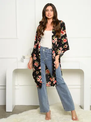 WOMEN'S 3/4 SLEEVE KOSHIBO DOUBLE SLIT FLORAL CARDIGAN