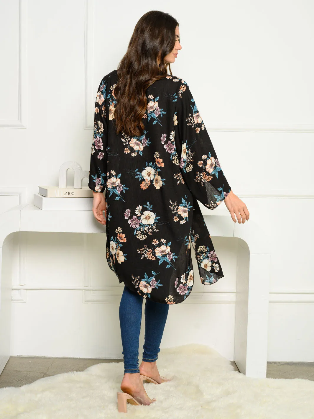 WOMEN'S 3/4 SLEEVE KOSHIBO DOUBLE SLIT FLORAL CARDIGAN