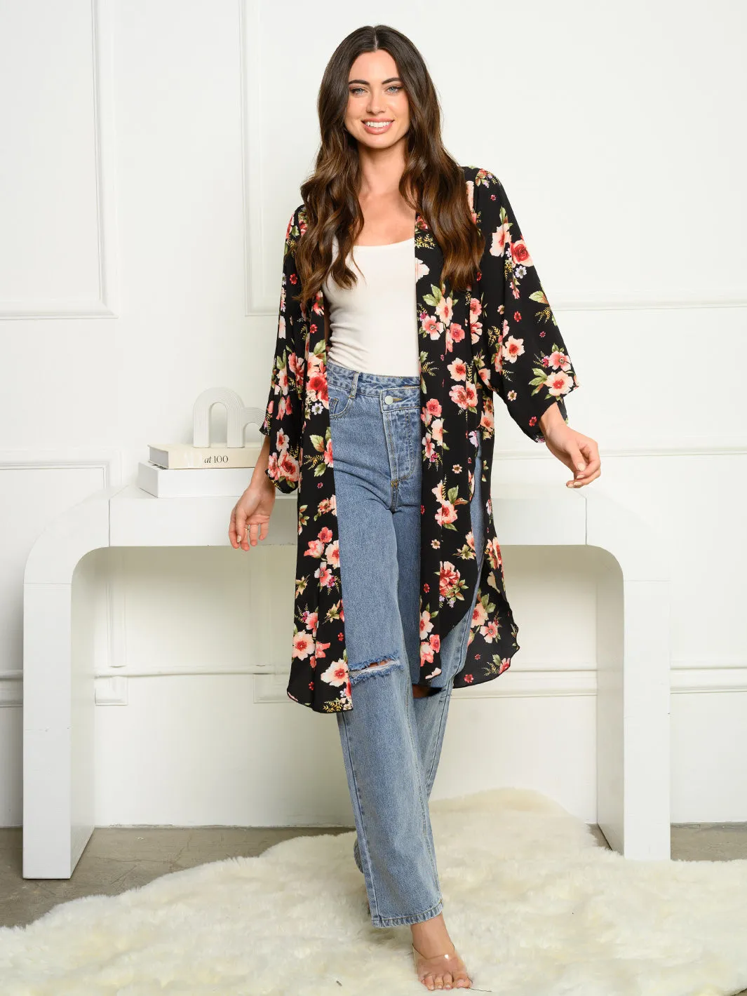 WOMEN'S 3/4 SLEEVE KOSHIBO DOUBLE SLIT FLORAL CARDIGAN