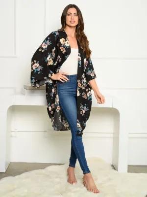 WOMEN'S 3/4 SLEEVE KOSHIBO DOUBLE SLIT FLORAL CARDIGAN