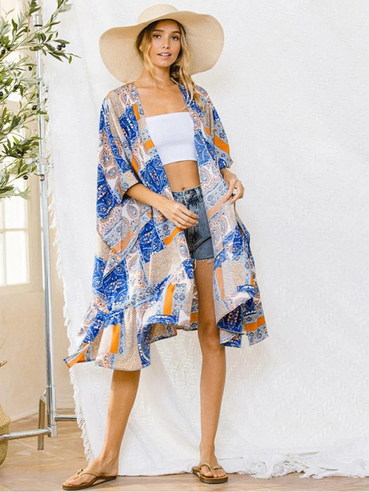 WOMEN'S 3/4 SLEEVE MULTI PRINT DUSTER CARDIGAN