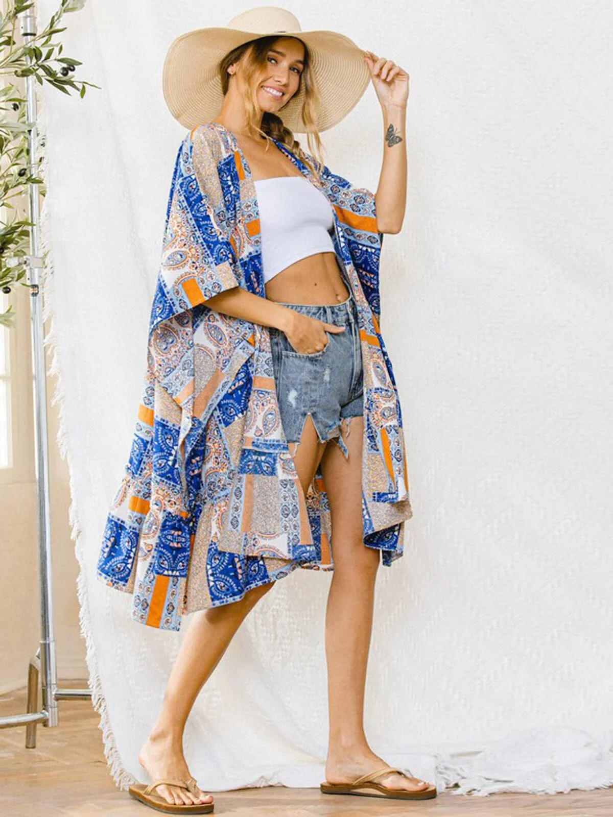 WOMEN'S 3/4 SLEEVE MULTI PRINT DUSTER CARDIGAN