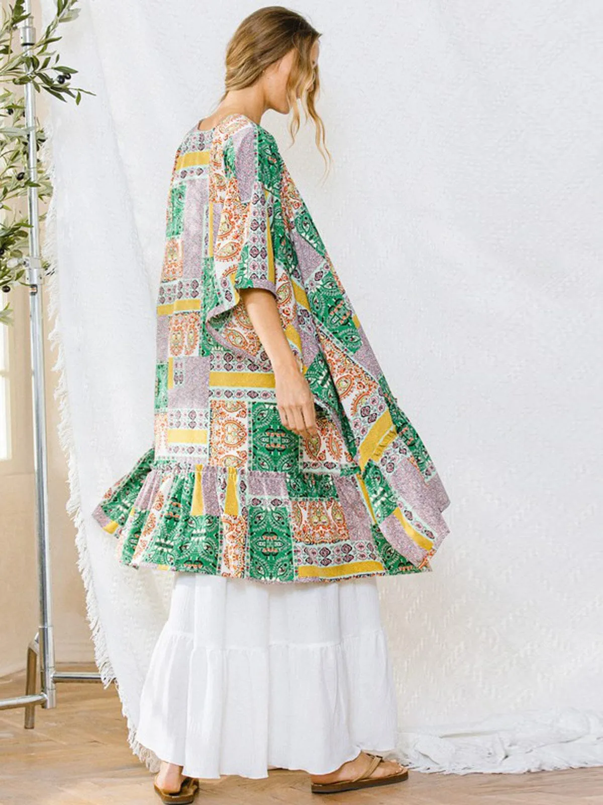 WOMEN'S 3/4 SLEEVE MULTI PRINT DUSTER CARDIGAN