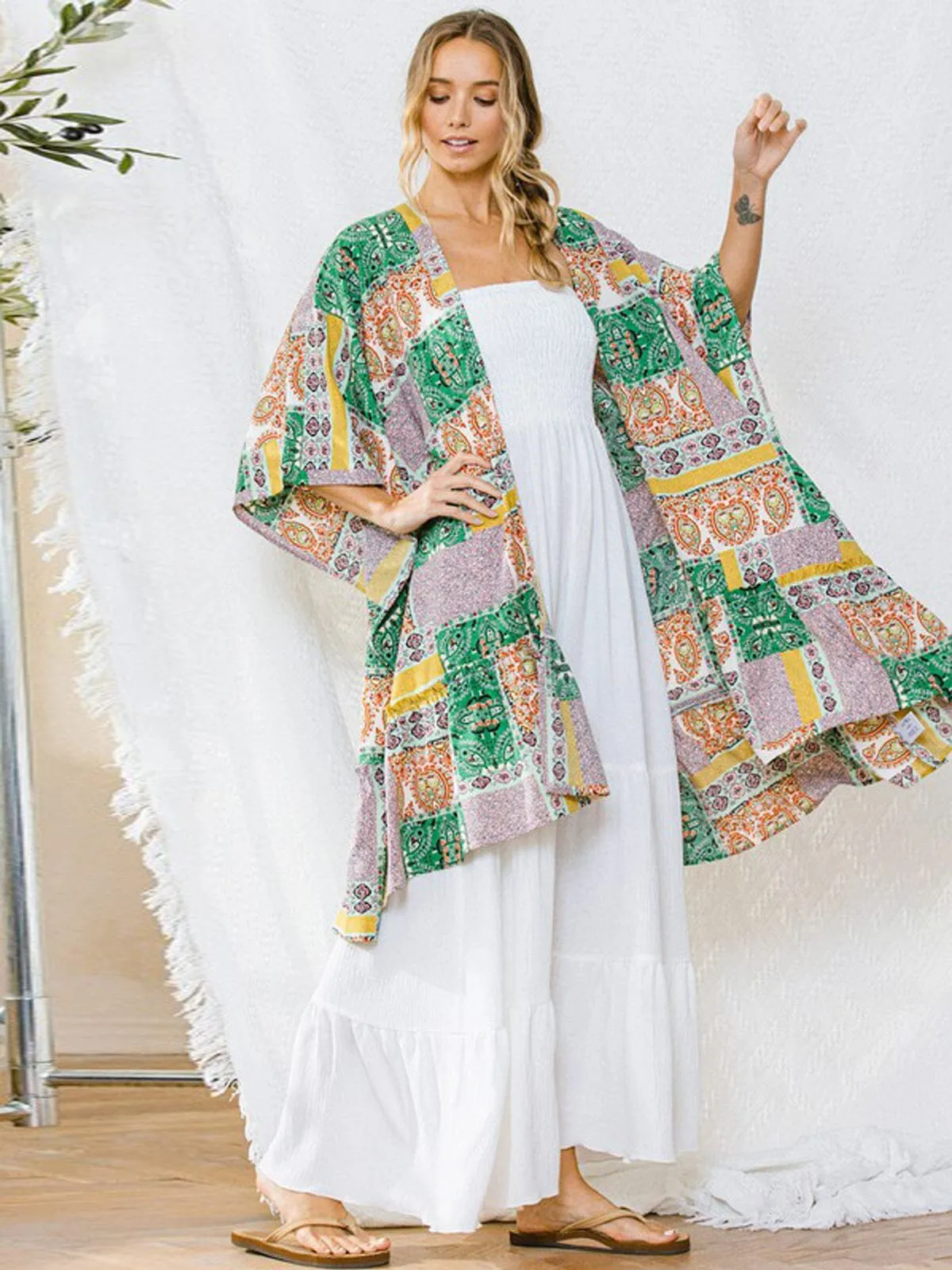 WOMEN'S 3/4 SLEEVE MULTI PRINT DUSTER CARDIGAN