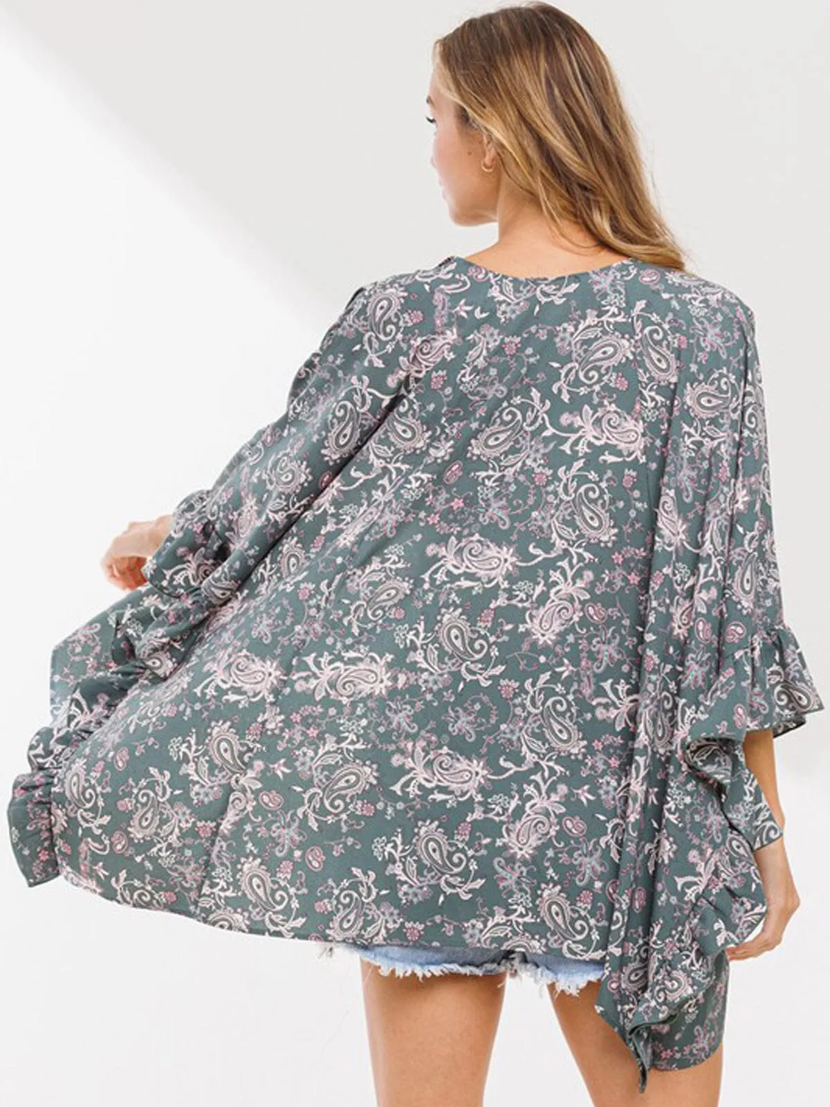 WOMEN'S 3/4 SLEEVE PAISLEY RUFFLE DUSTER CARDIGAN