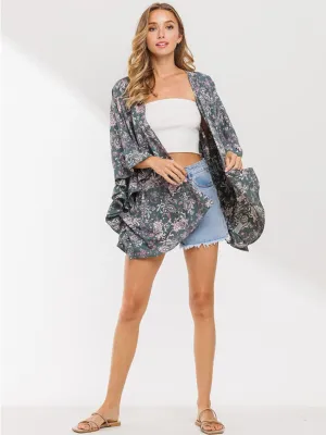 WOMEN'S 3/4 SLEEVE PAISLEY RUFFLE DUSTER CARDIGAN