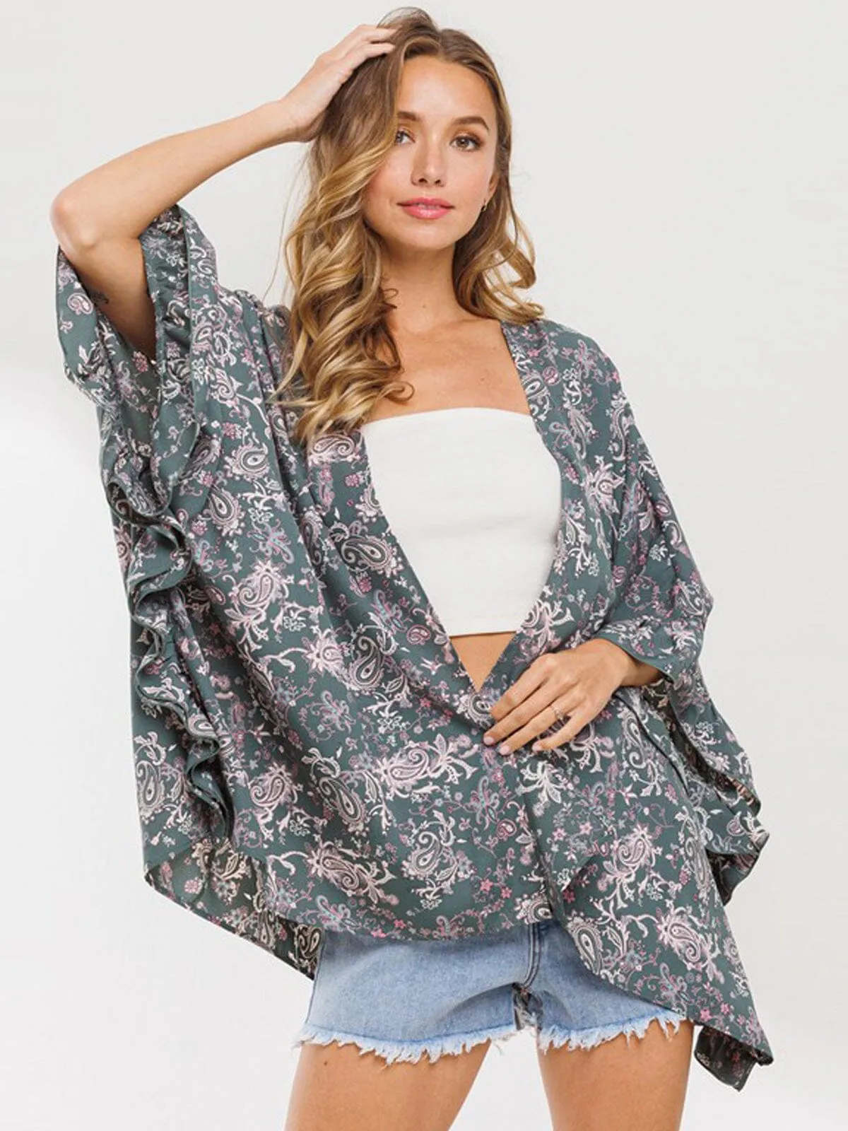 WOMEN'S 3/4 SLEEVE PAISLEY RUFFLE DUSTER CARDIGAN