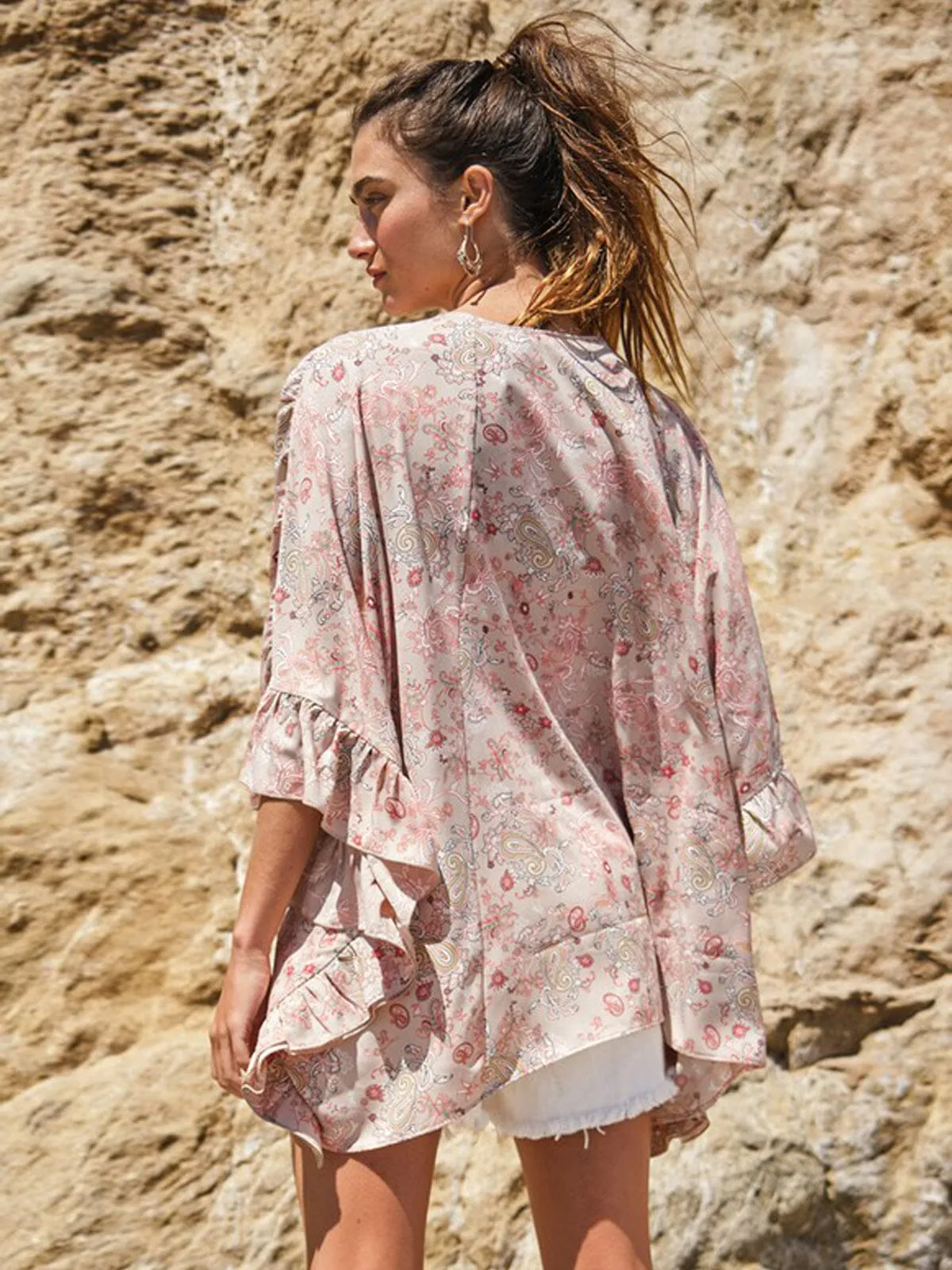 WOMEN'S 3/4 SLEEVE PAISLEY RUFFLE DUSTER CARDIGAN