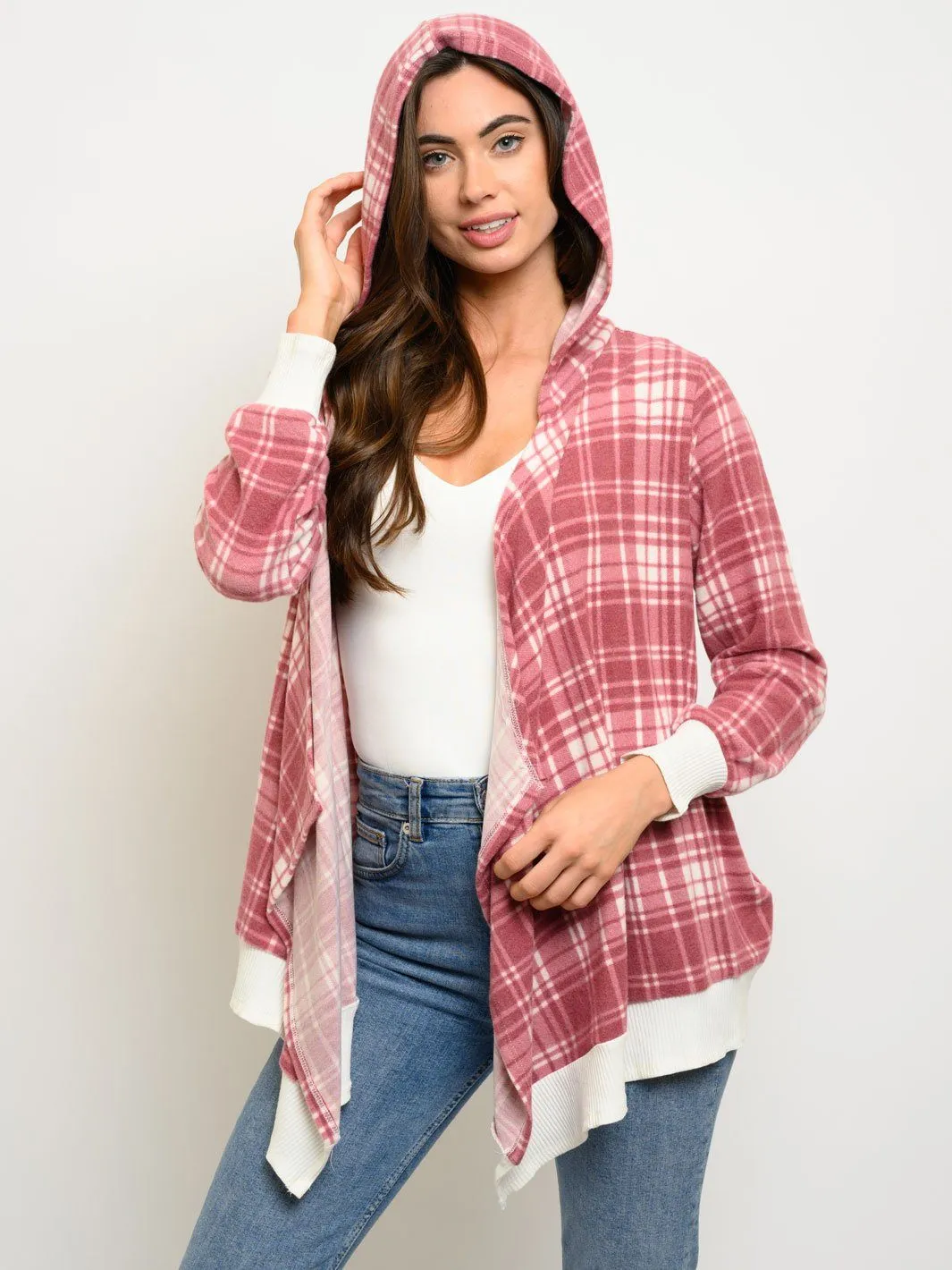 WOMEN'S BRUSHED PLAID HOODIE CARDIGAN