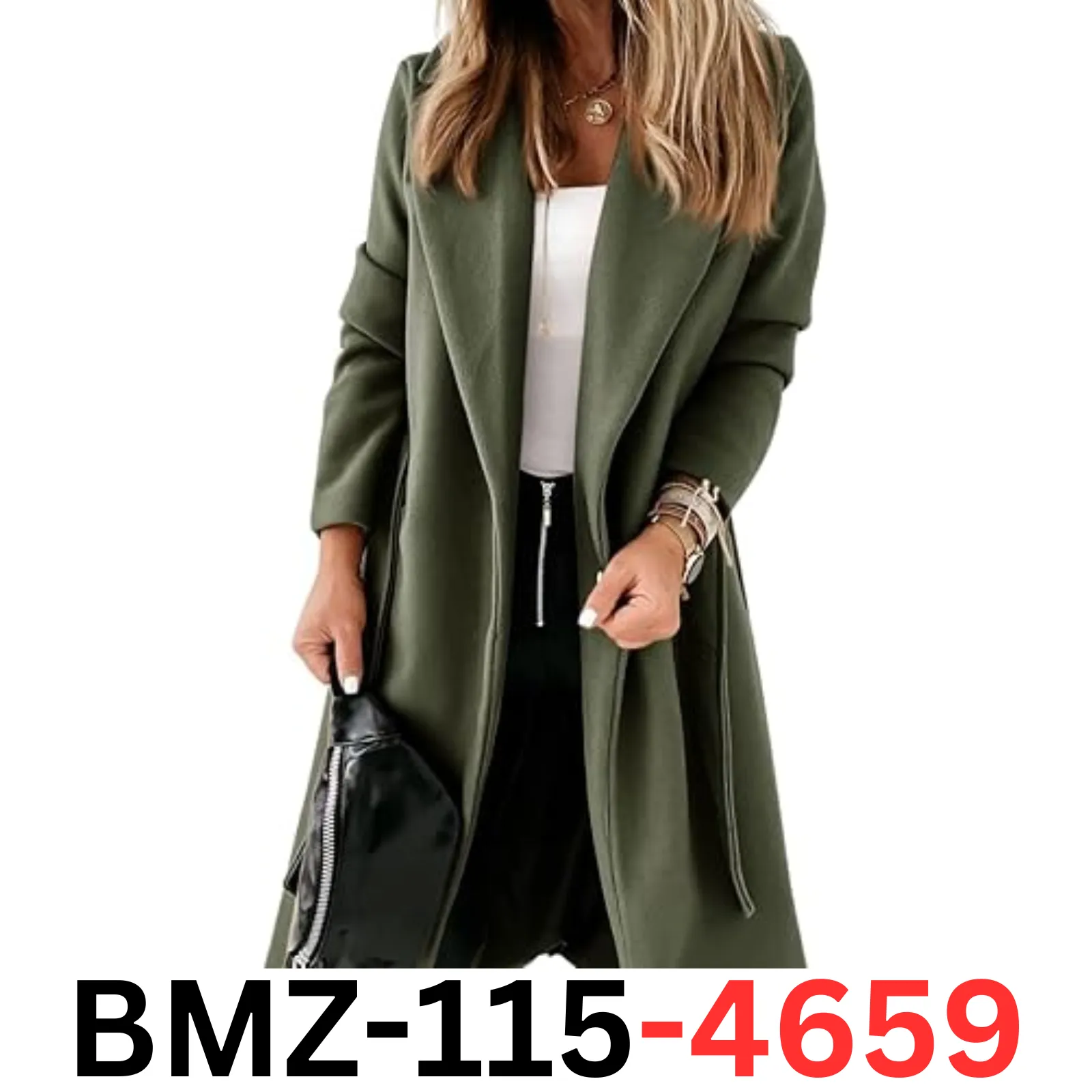 Womens Classic Coat Lapel Collar Open Front Belted Long Jacket Army Green XXL