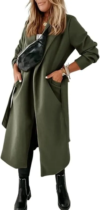 Womens Classic Coat Lapel Collar Open Front Belted Long Jacket Army Green XXL