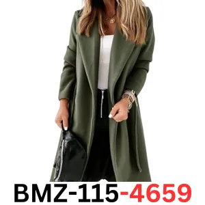 Womens Classic Coat Lapel Collar Open Front Belted Long Jacket Army Green XXL