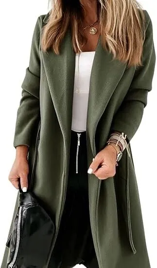 Womens Classic Coat Lapel Collar Open Front Belted Long Jacket Army Green XXL