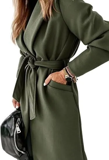 Womens Classic Coat Lapel Collar Open Front Belted Long Jacket Army Green XXL