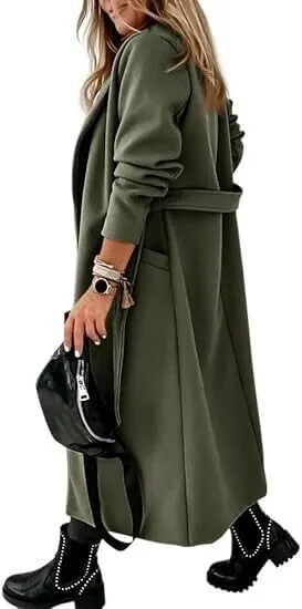 Womens Classic Coat Lapel Collar Open Front Belted Long Jacket Army Green XXL
