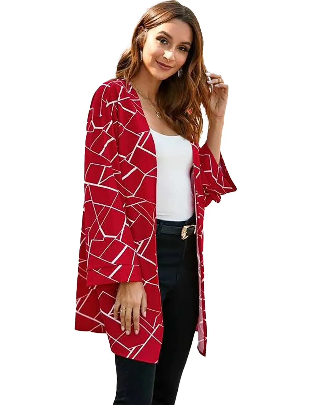 Women's Coat, Long Sleeves Open Front Geo Print Coat