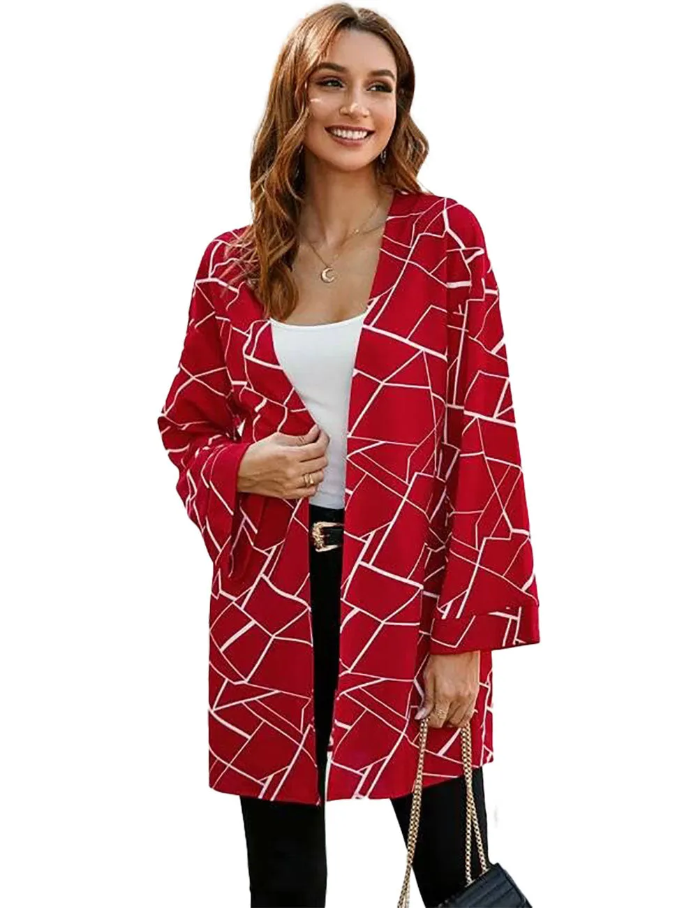 Women's Coat, Long Sleeves Open Front Geo Print Coat