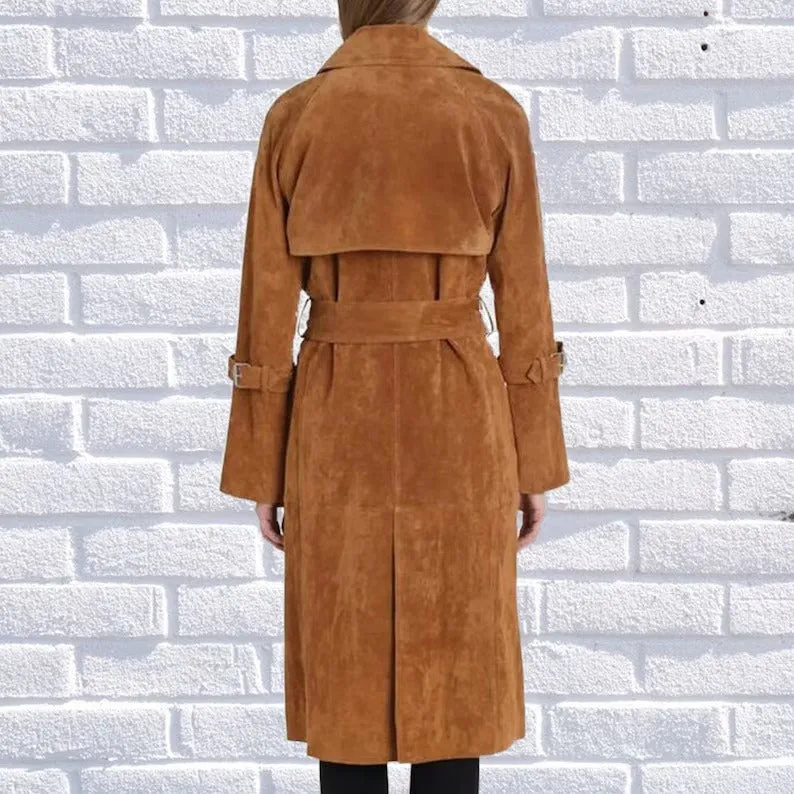 Women’s Genuine Brown Suede Leather Trench Coat uk