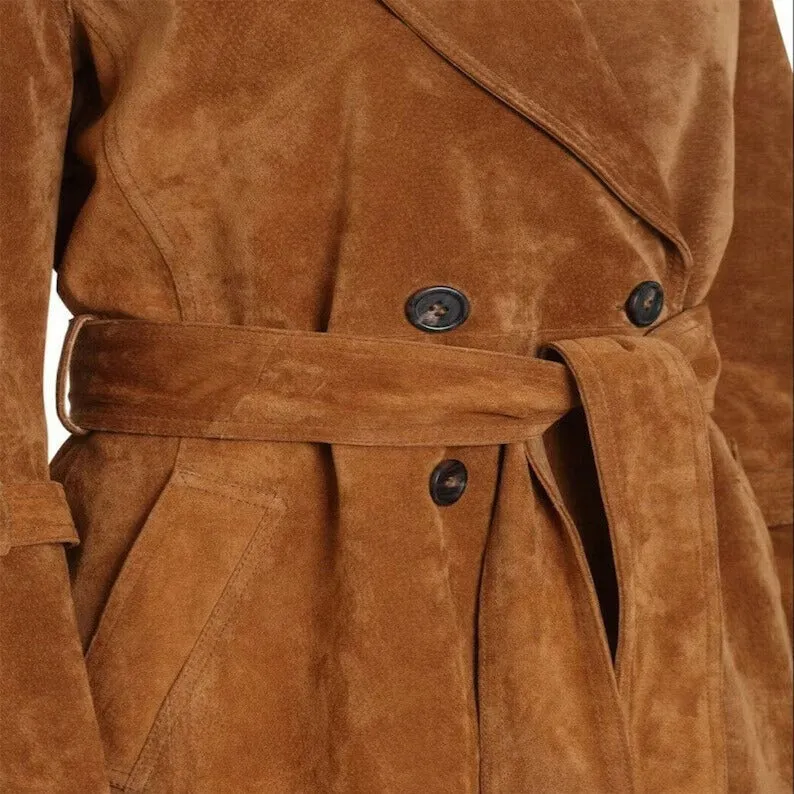 Women’s Genuine Brown Suede Leather Trench Coat uk