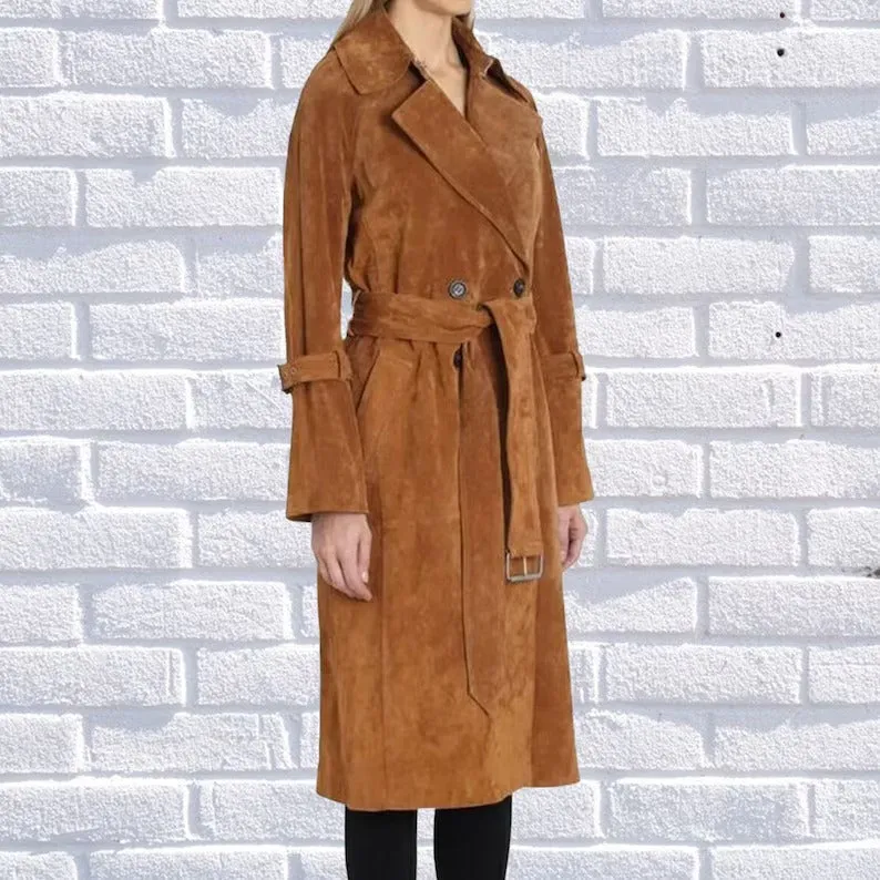 Women’s Genuine Brown Suede Leather Trench Coat uk