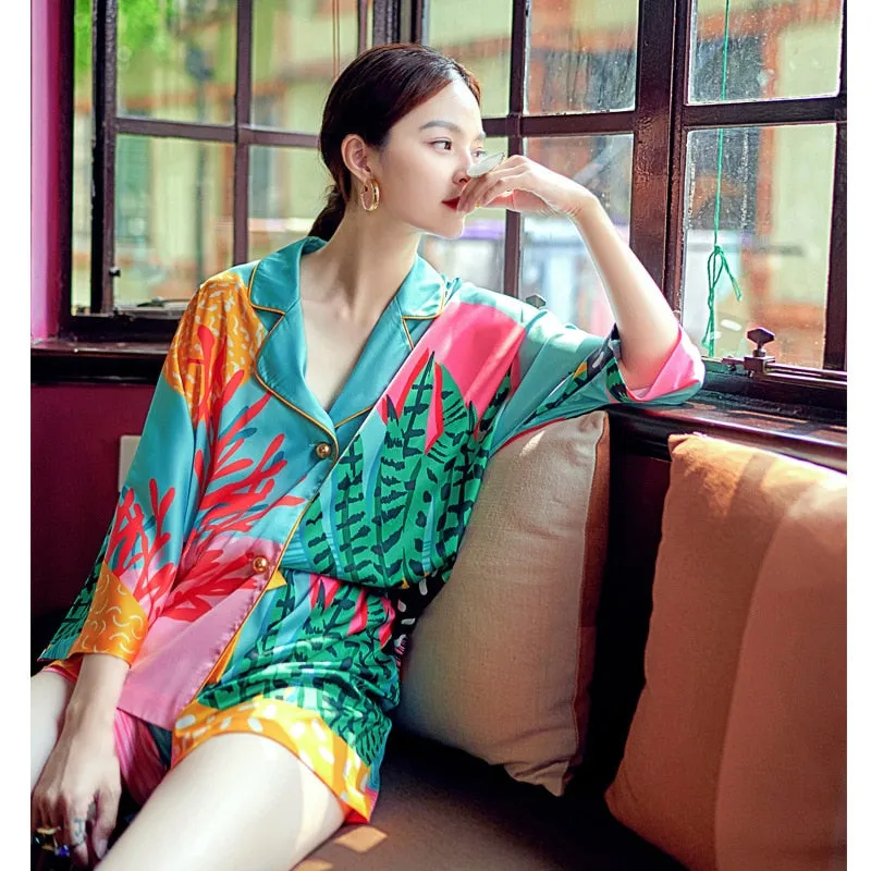 Women's Home Wear Top Pant Pajama Set Loungewear Silky Nightwear