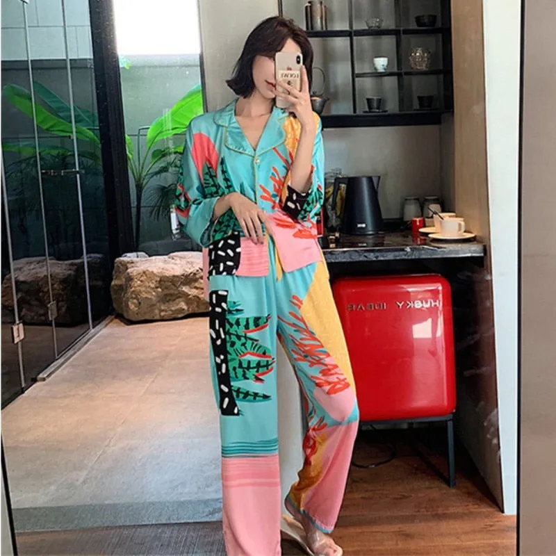 Women's Home Wear Top Pant Pajama Set Loungewear Silky Nightwear