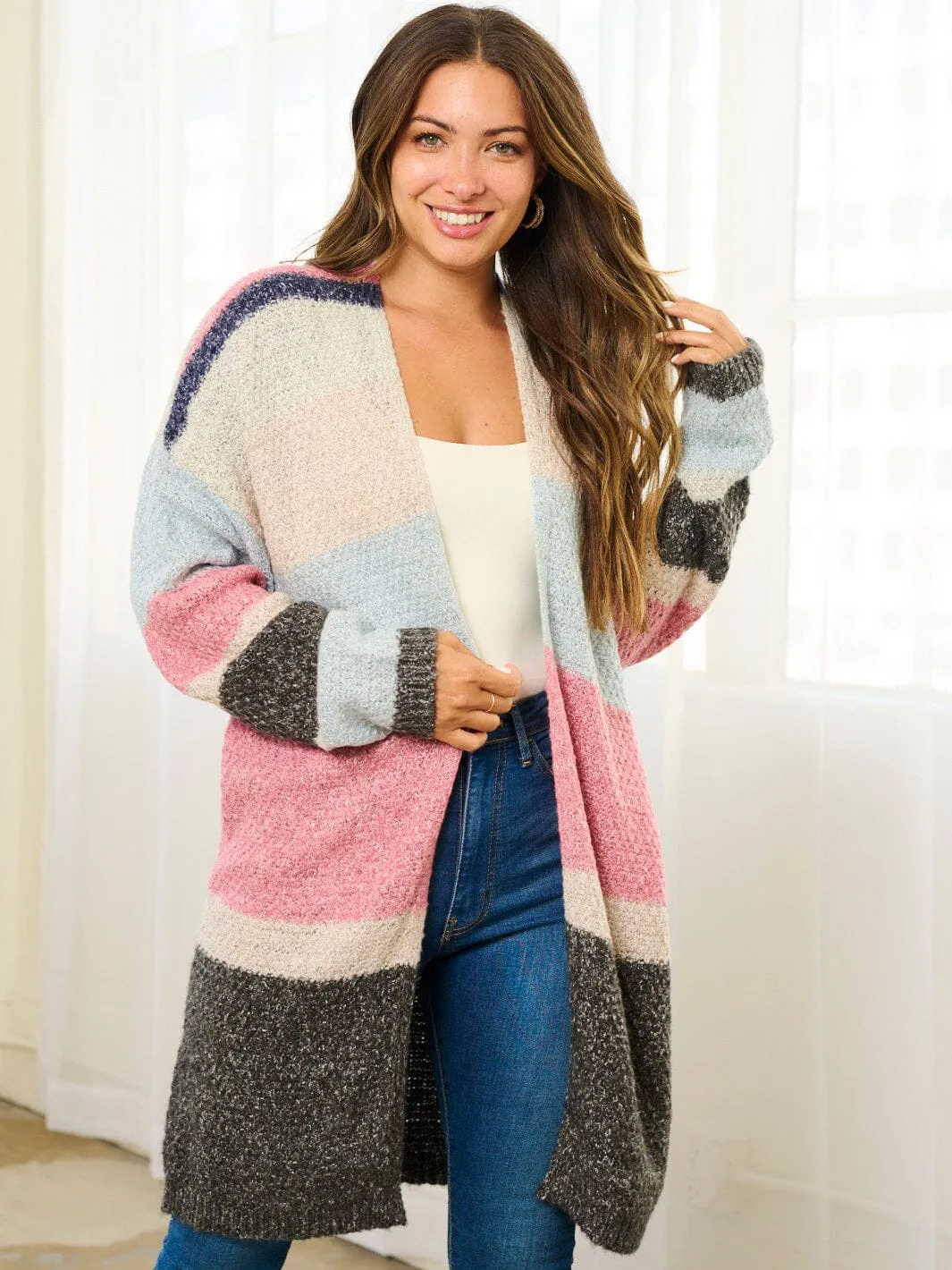 WOMEN'S LONG SLEEVE COLORBLOCK STRIPES OPEN FRONT CARDIGAN