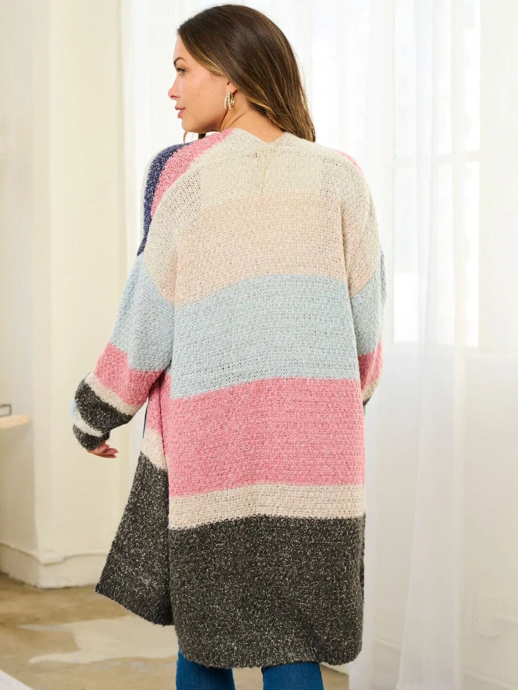 WOMEN'S LONG SLEEVE COLORBLOCK STRIPES OPEN FRONT CARDIGAN