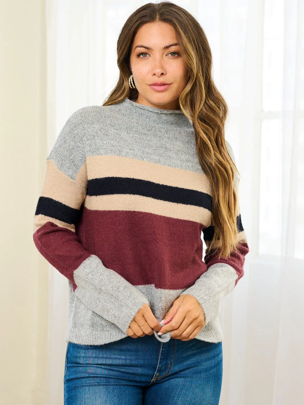 WOMEN'S LONG SLEEVE MOCK NECK COLORBLOCK PULLOVER SWEATER