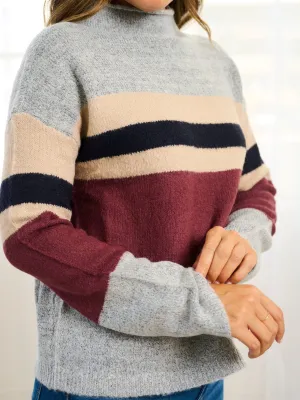 WOMEN'S LONG SLEEVE MOCK NECK COLORBLOCK PULLOVER SWEATER
