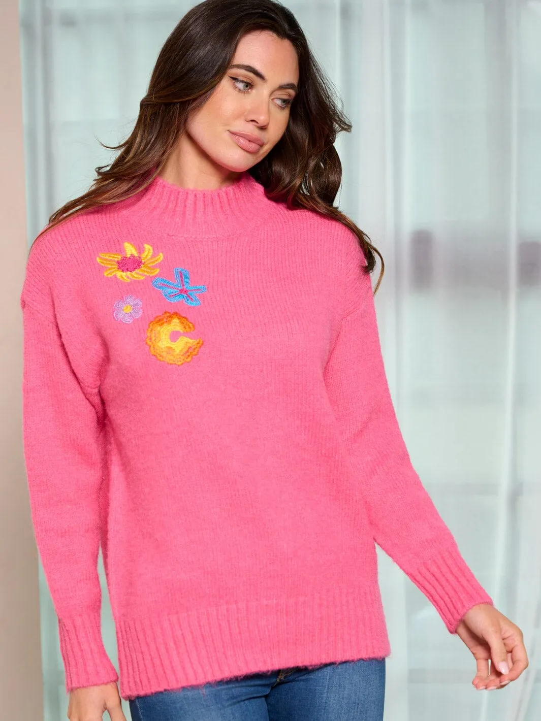 WOMEN'S LONG SLEEVE MOCK NECK EMBROIDERY FLOWERS PULLOVER SWEATER