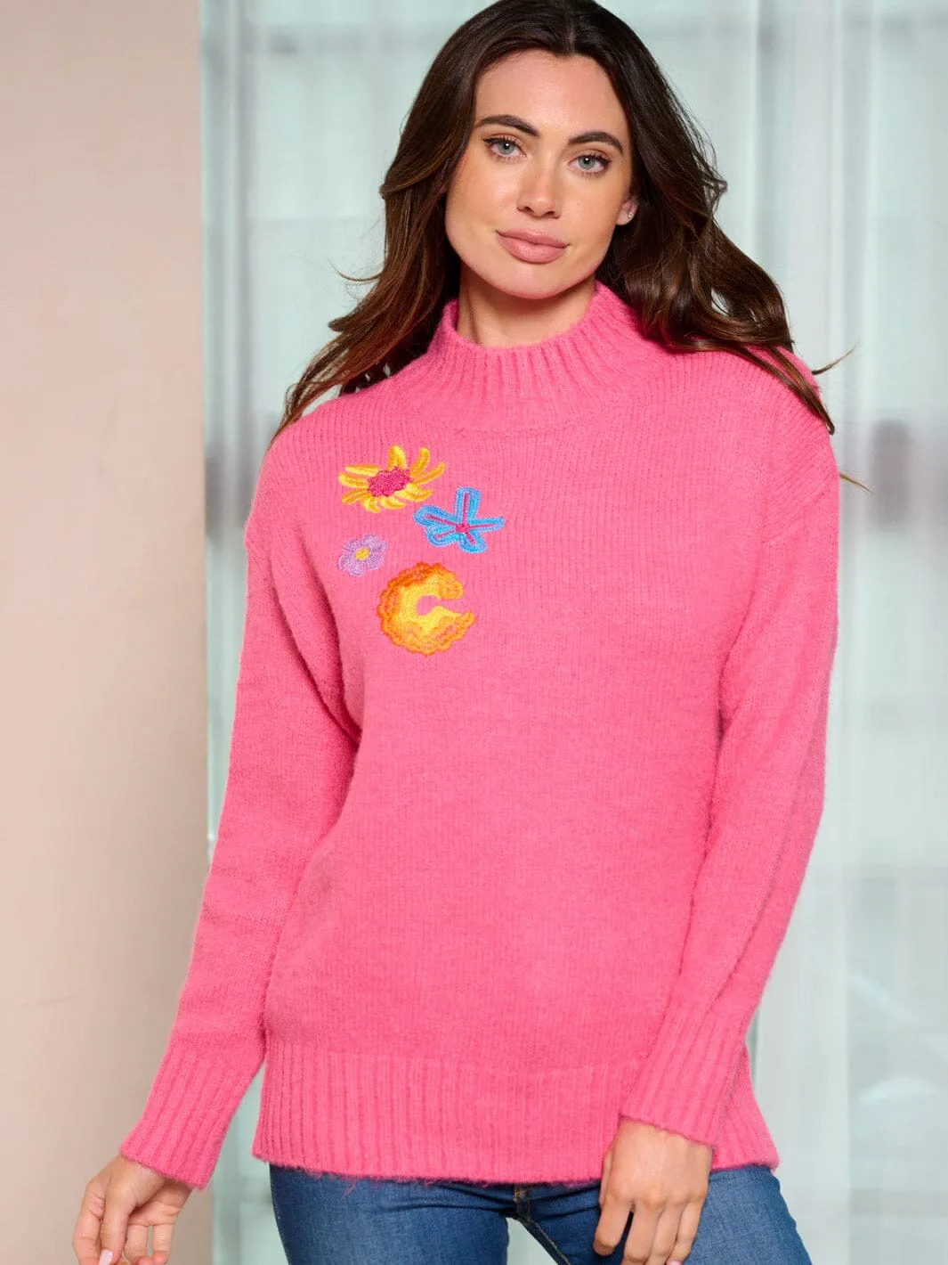 WOMEN'S LONG SLEEVE MOCK NECK EMBROIDERY FLOWERS PULLOVER SWEATER