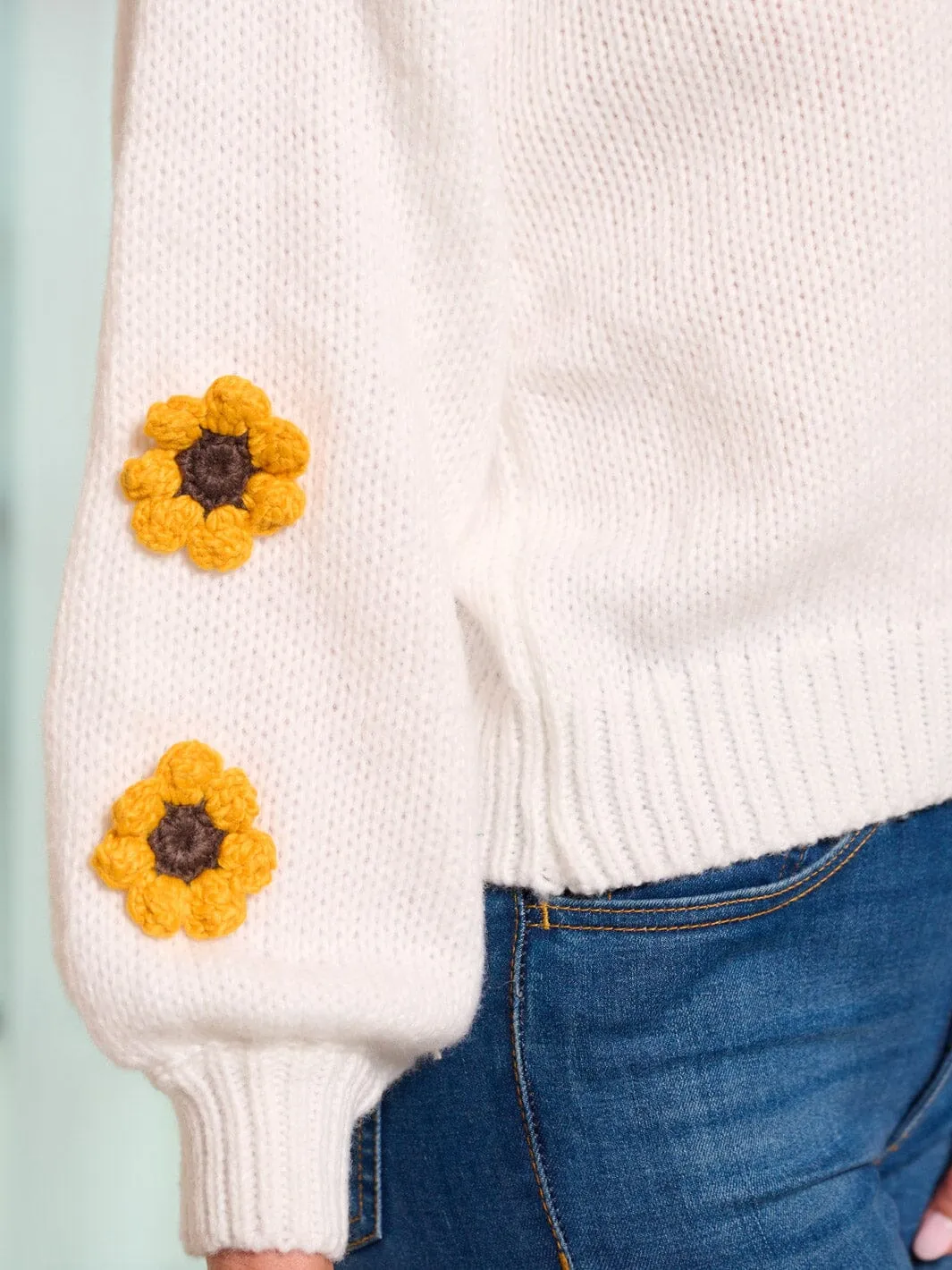 WOMEN'S LONG SLEEVE MOCK NECK EMBROIDERY FLOWERS PULLOVER SWEATER