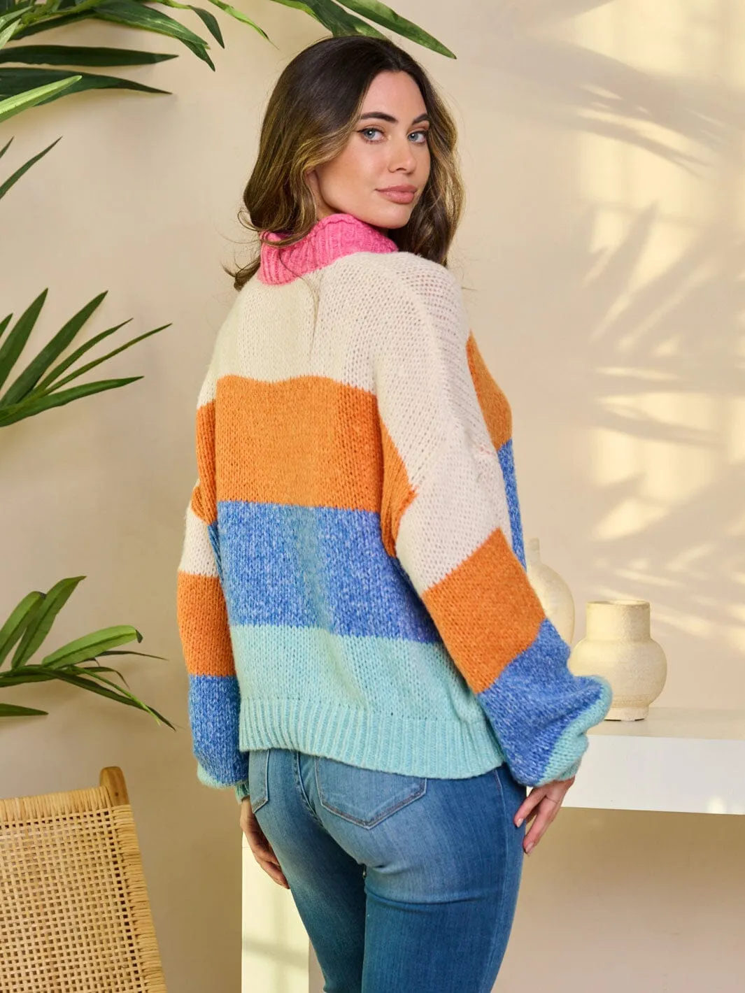 WOMEN'S LONG SLEEVE MOCK NECK PULLOVER COLORBLOCK KNIT SWEATER