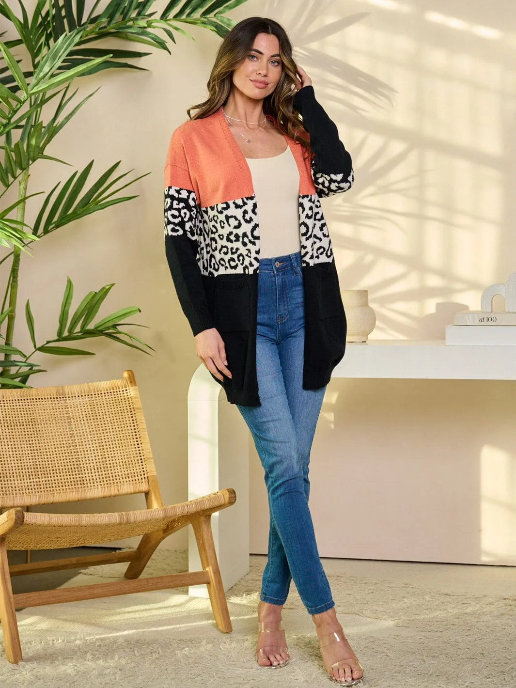 WOMEN'S LONG SLEEVE OPEN FRONT COLORBLOCK CARDIGAN