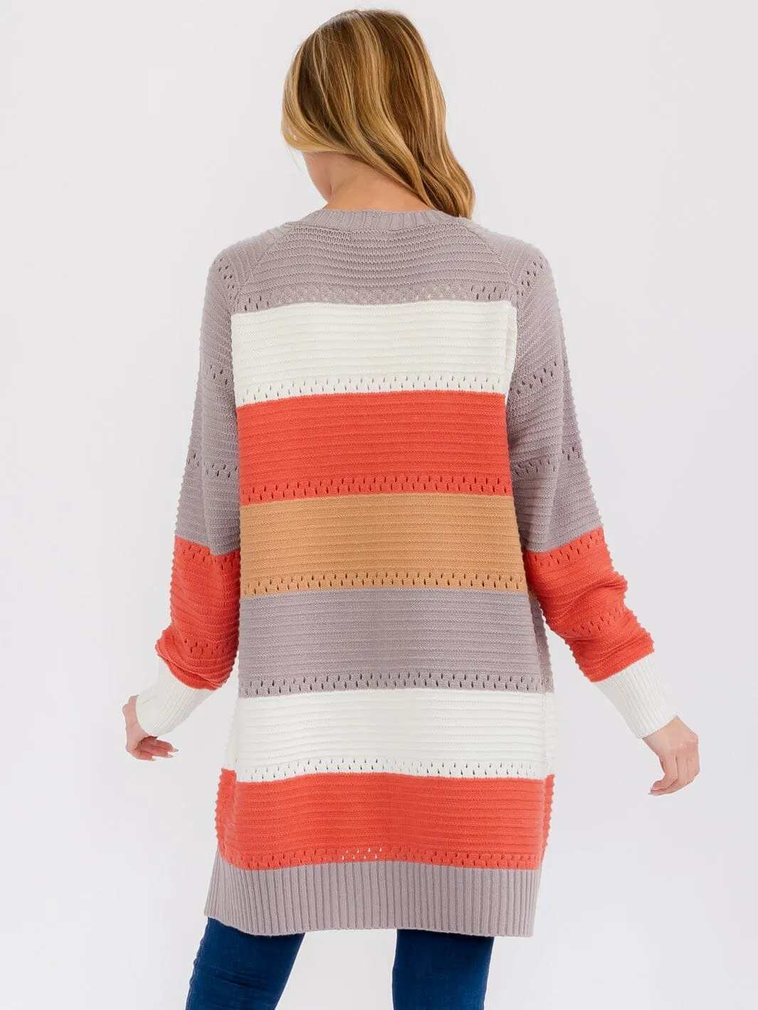 WOMEN'S LONG SLEEVE OPEN FRONT COLORBLOCK KNIT CARDIGAN