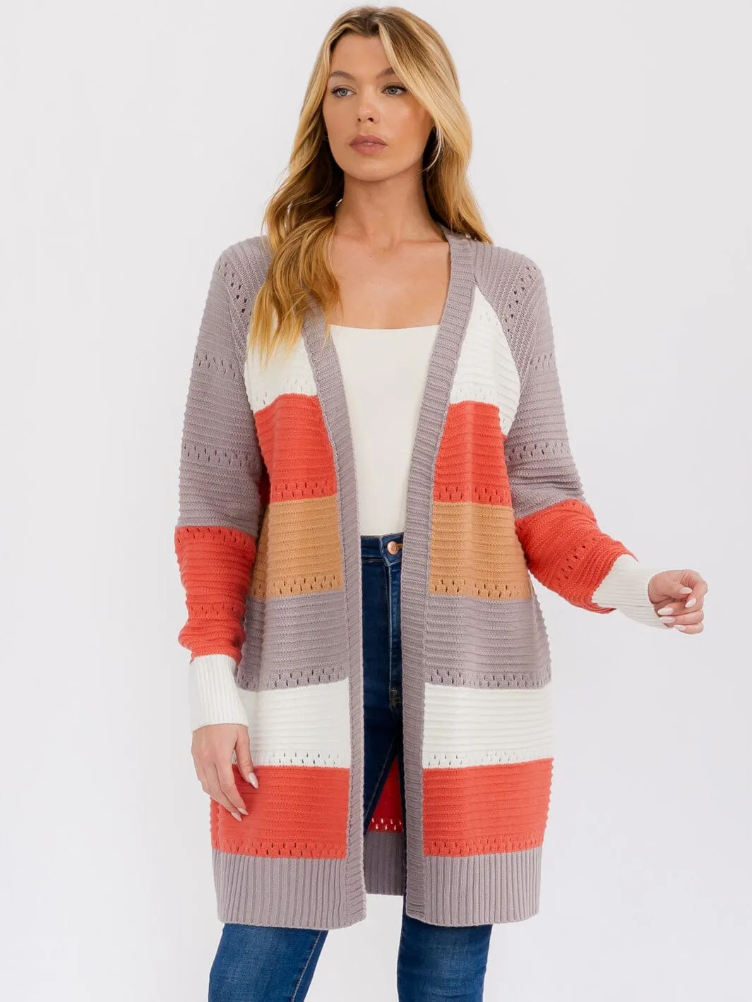 WOMEN'S LONG SLEEVE OPEN FRONT COLORBLOCK KNIT CARDIGAN