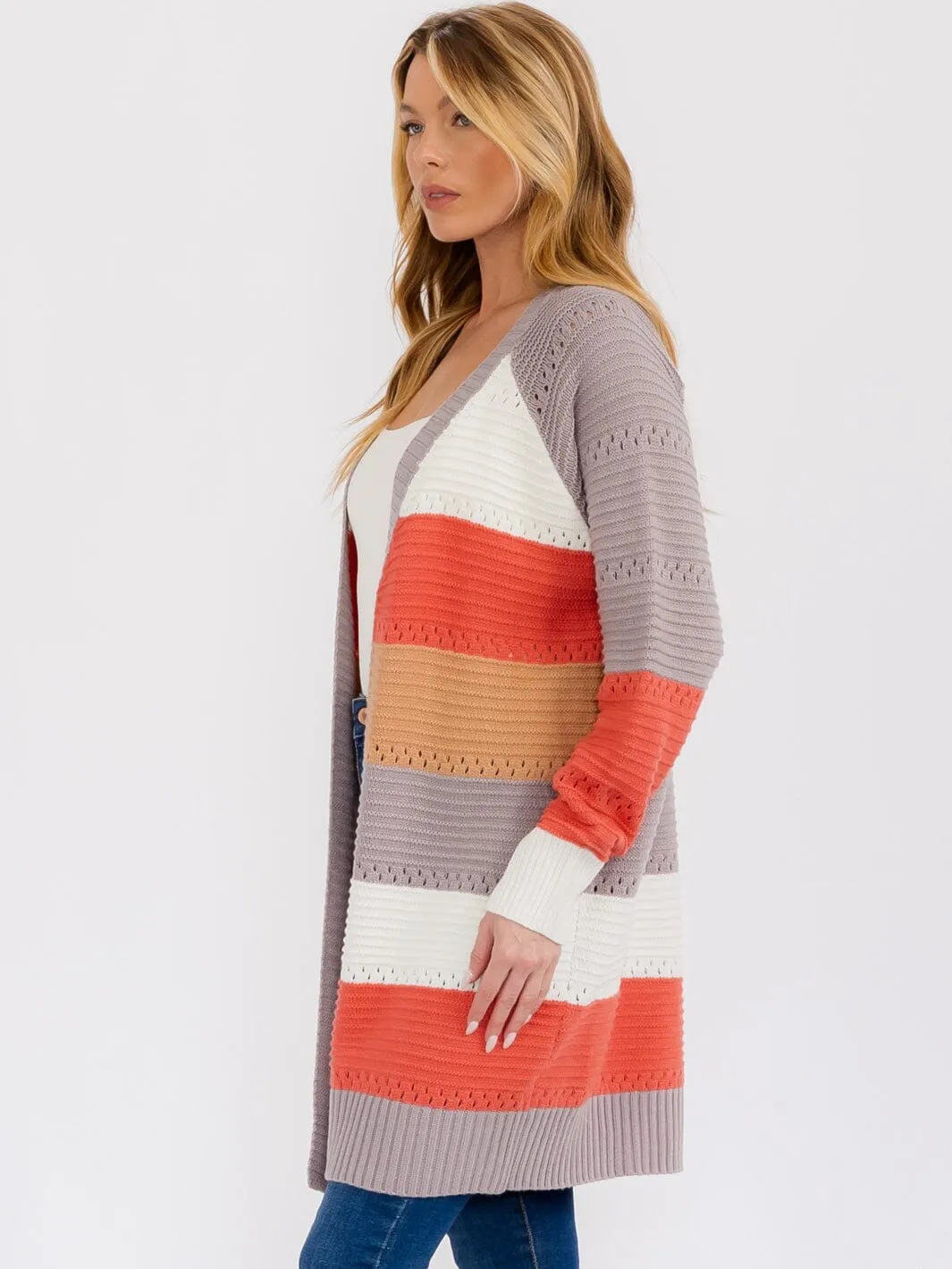 WOMEN'S LONG SLEEVE OPEN FRONT COLORBLOCK KNIT CARDIGAN