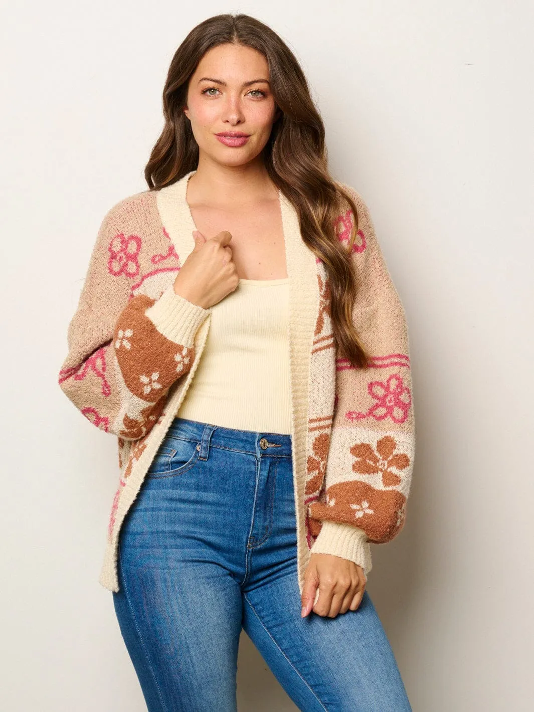 WOMEN'S LONG SLEEVE OPEN FRONT MULTI PRINT CARDIGAN SWEATER