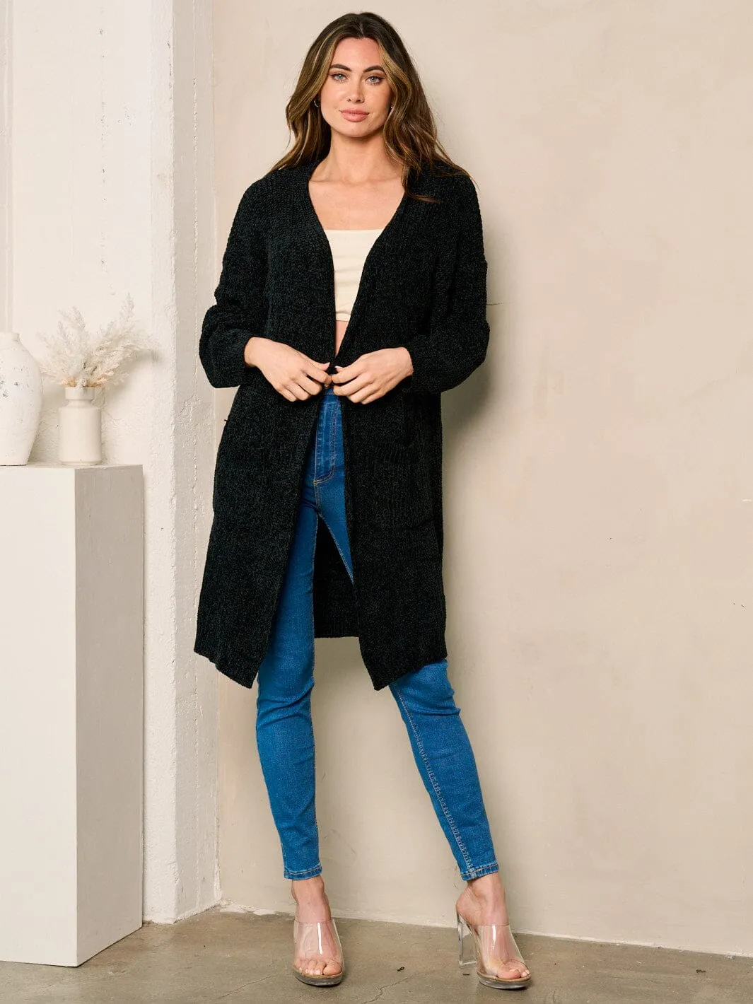WOMEN'S LONG SLEEVE OPEN FRONT POCKETS CARDIGAN