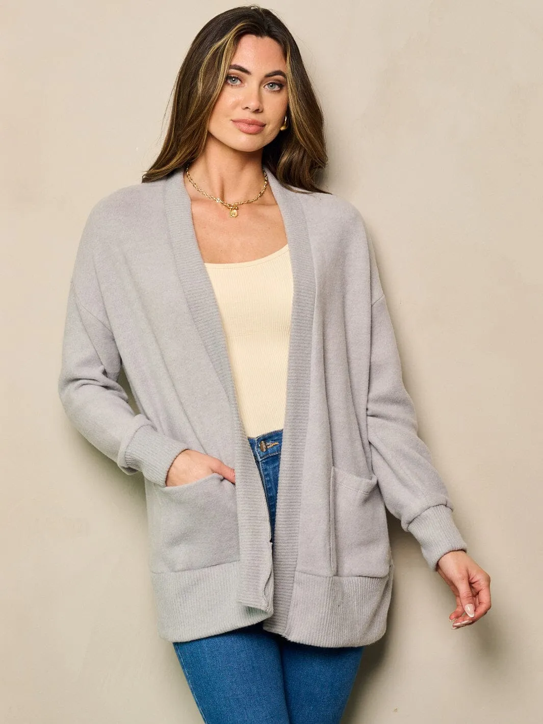WOMEN'S LONG SLEEVE OPEN FRONT POCKETS CARDIGAN