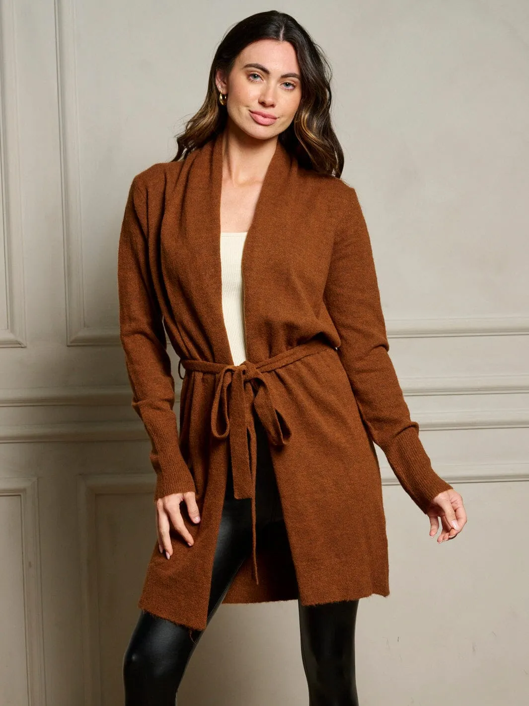 WOMEN'S LONG SLEEVE OPEN FRONT SELF TIE CARDIGAN