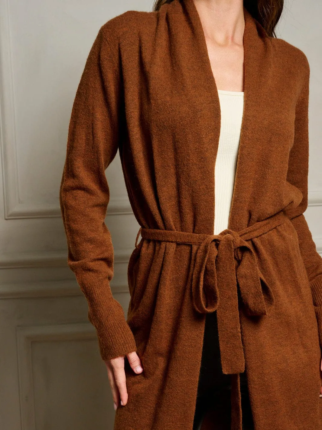 WOMEN'S LONG SLEEVE OPEN FRONT SELF TIE CARDIGAN