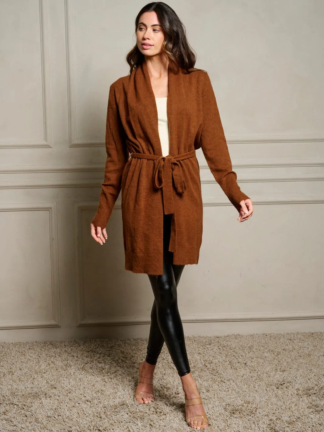 WOMEN'S LONG SLEEVE OPEN FRONT SELF TIE CARDIGAN