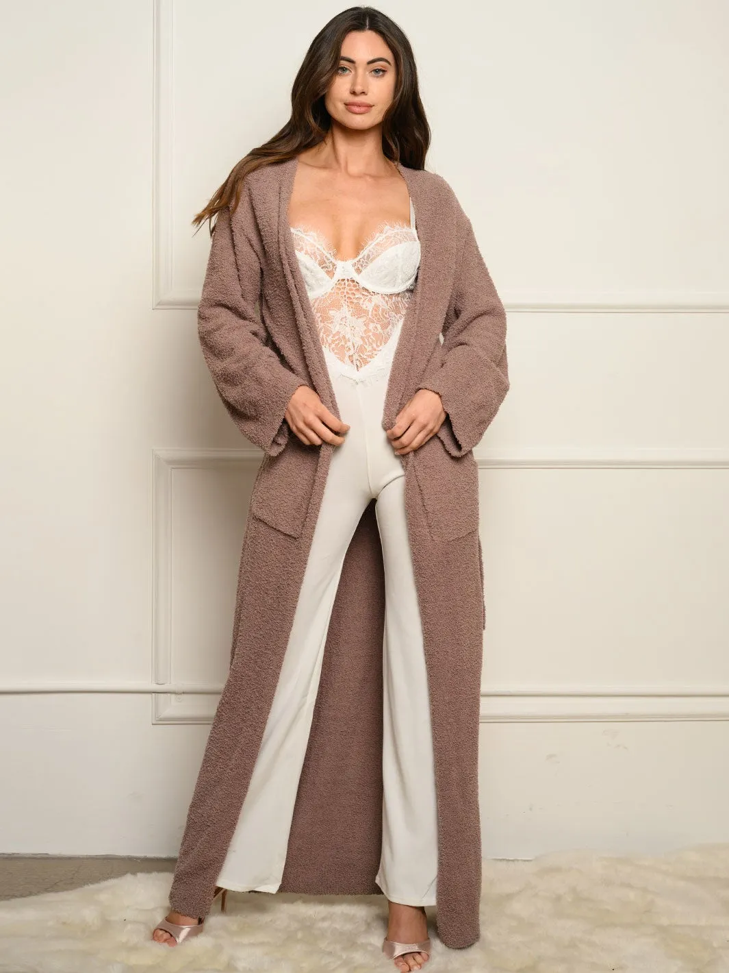 WOMEN'S LONG SLEEVE SELF TIE FUZZY CARDIGAN
