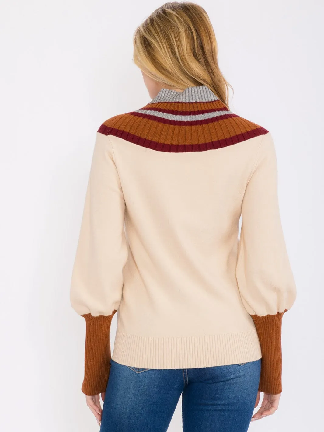 WOMEN'S LONG SLEEVES MOCK NECK PULLOVER COLORBLOCK SWEATER