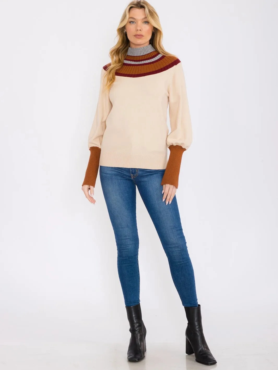 WOMEN'S LONG SLEEVES MOCK NECK PULLOVER COLORBLOCK SWEATER